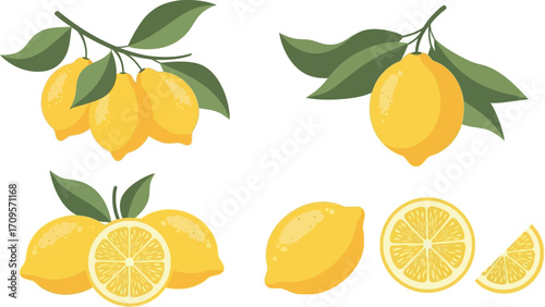 Vibrant lemons with leaves, showcasing whole fruits and slices on a clean background.