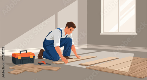Man installing wooden flooring with tool kit in modern room, vector illustration of home renovation.