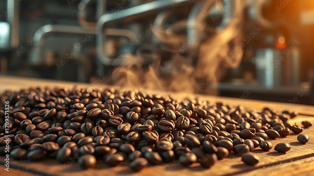 Obraz premium Freshly roasted coffee beans on wood with aromatic steam in warm directional light.