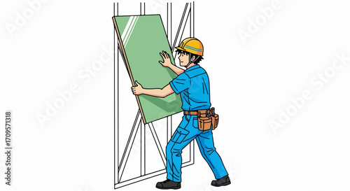 Vector illustration of worker installing green drywall panel on metal frame, construction site scene. Construction worker in blue uniform and yellow hard hat mounting building material.