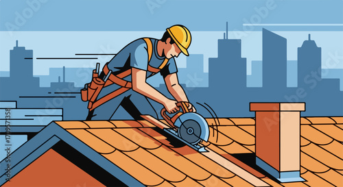 Vector illustration of roofer working on roof with city skyline background, construction worker in safety harness and hard hat using power saw on shingles for building maintenance and repair services.
