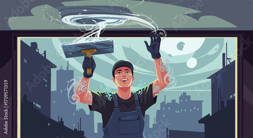 Vector illustration of a man cleaning a window with a squeegee and soap, cityscape background. Man in apron and gloves washing window with cleaning tools. Concept for cleaning services.