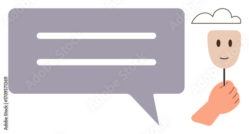 Speech bubble with two lines and hand holding mask with face and cloud above. Ideal for communication, emotions, social connections, discussions, identity, mental health, simple flat metaphor