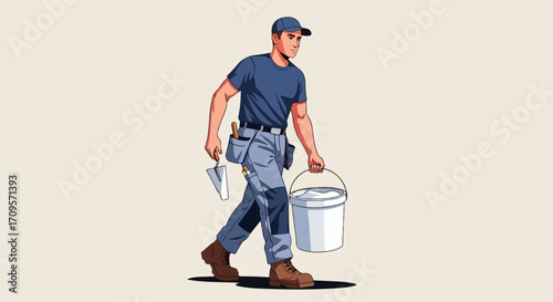 Vector illustration of a worker carrying a bucket and rag, wearing a blue uniform and cap. Worker holding a paint bucket and rag for cleaning or painting tasks. Concept for labor, maintenance,