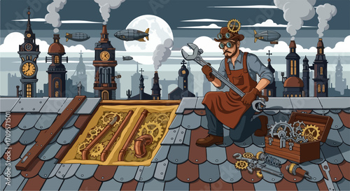 Steampunk illustration shows mechanic working on rooftop in steampunk city. Steampunk scene features man in goggles repairing some steampunk machinery near opened window with gears.