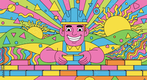 Smiling construction worker building brick wall on psychedelic background. Construction worker with cheerful expression laying bricks against colorful backdrop, bright and joyful.