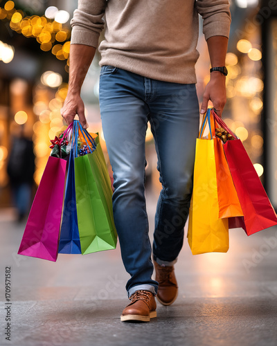 Sale, consumerism and people concept - close up of man with shopping bags over mall lights background