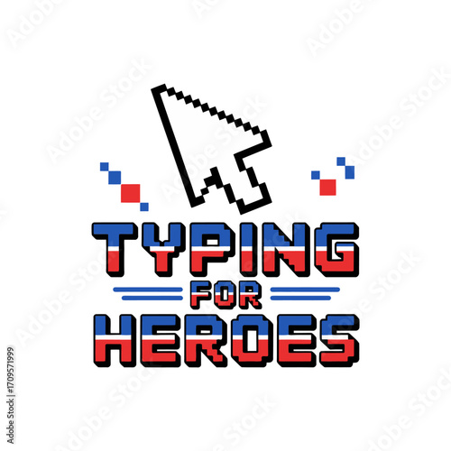 Keyboard typing for heroes cursor graphic, fundraising campaign illustration, volunteer support badge, pixel emblem for community outreach