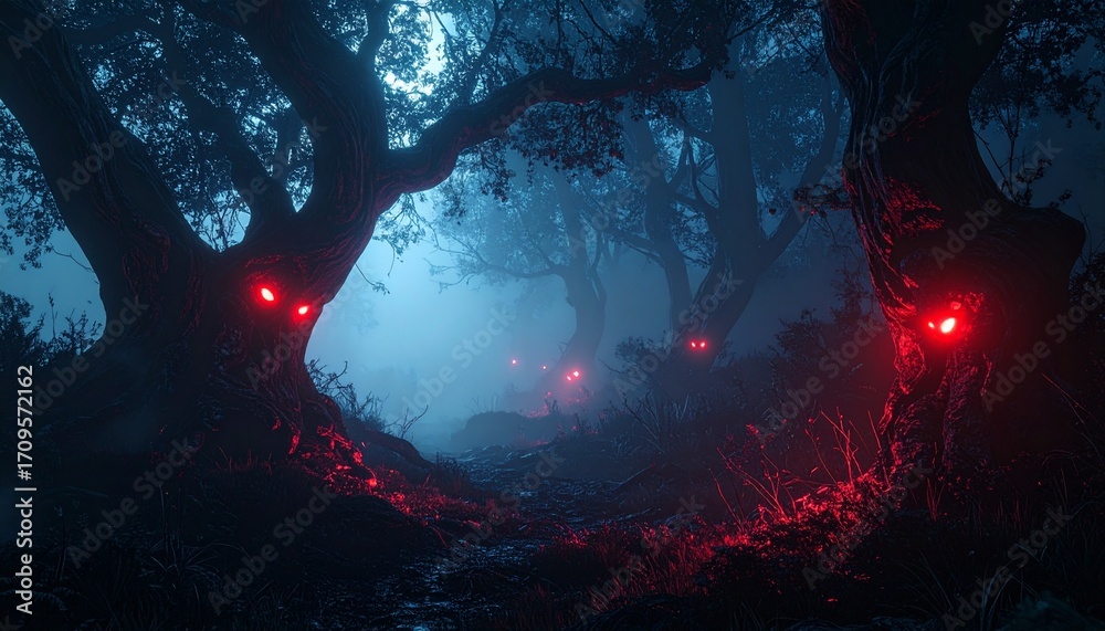 Fototapeta premium Haunted Forest at Night, Spooky Dark Woods with Eerie Atmosphere