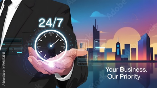 Customer service, nonstop service concept. Businessman hand holding virtual 24-7 with clock on hand for worldwide nonstop and full-time available contact of service concept.
