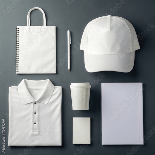 Flat lay of blank white promotional items including a tote bag notebook polo shirt cap coffee cup and notepad