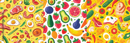 set of seamless tropical fruit patterns with colorful background