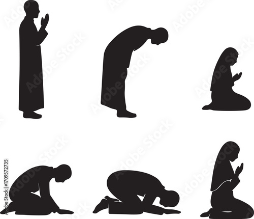 Muslim Prayer (Salat) Poses Black and White Vector Silhouettes