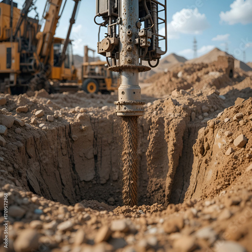 A drilling rig close-up at a construction site, specialized for deep-hole drilling, with industrial machinery.