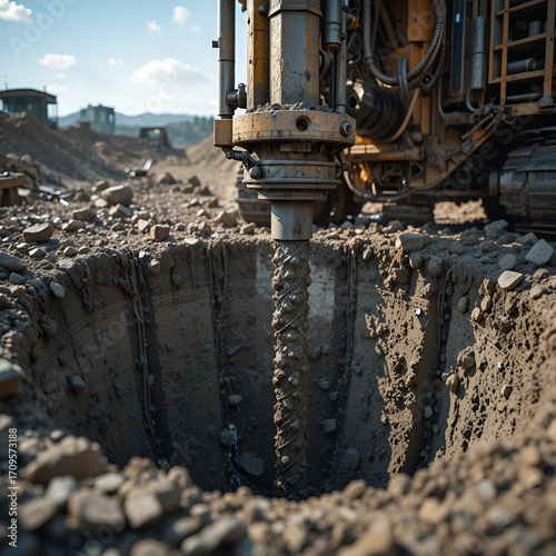 A drilling rig close-up at a construction site, specialized for deep-hole drilling, with industrial machinery.