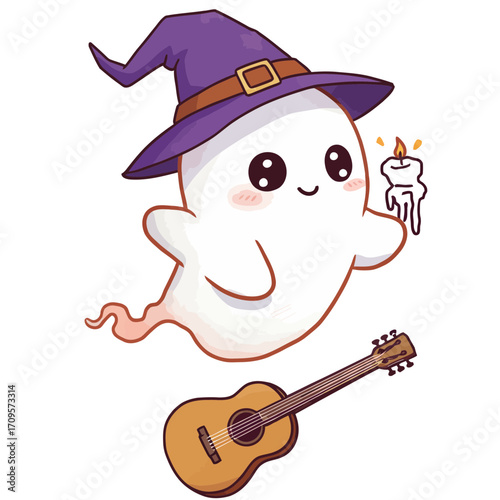 Cute Cartoon Ghost with Witch Hat and Candle Halloween Illustration.