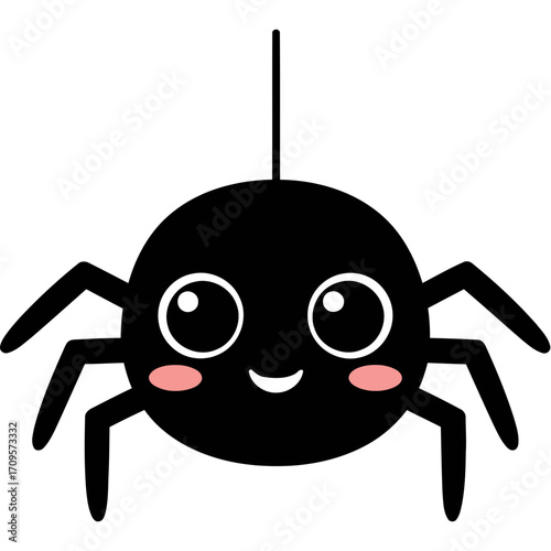 Cute Cartoon Spider with Big Eyes and Pink Cheeks Hanging.