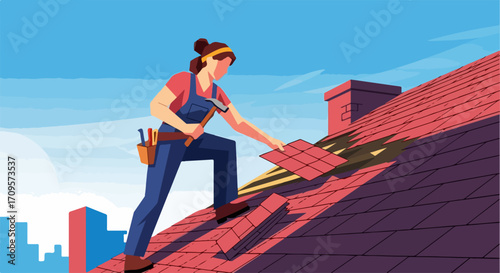 Roof repair shows dedicated worker placing tiles, securing home from elements. Roof repair requires precision, skill, and proper tools. Conceptual roof repair represents dedication, protection,