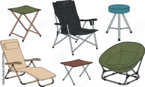 Collection of comfortable and portable outdoor seating and tables for camping and leisure.