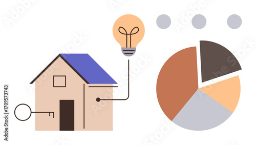 House with key symbolizing security, lightbulb for energy, and pie chart for data analysis. Ideal for real estate, energy efficiency, sustainability, smart homes, financial planning, innovation