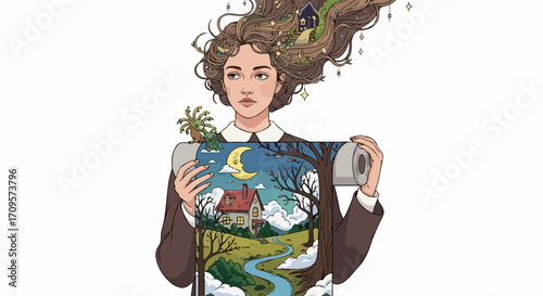 Conceptual journey illustration features young woman with imaginary landscape, dreamy scenes and surreal landscapes. Conceptual journey evokes emotional depth,