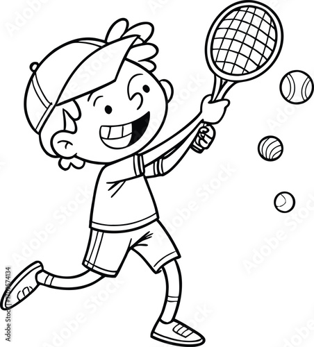 Cartoon boy playing tennis with racket and balls child