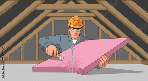 Man in hard hat cutting pink insulation board with utility knife in attic space, vector graphic.