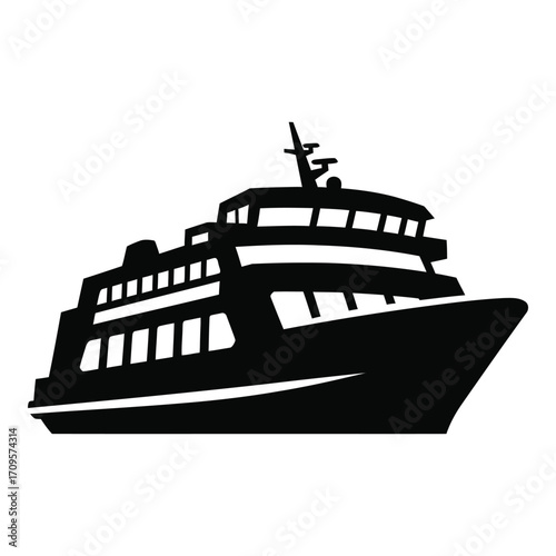 Silhouette of a large passenger ferry boat at sea transportation and maritime icon silhouette
