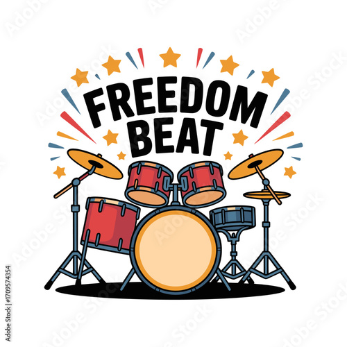 Freedom beat drum set design, patriotic music illustration, celebration vector artwork, national pride festive graphic, creative holiday theme design