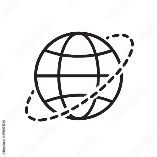 Stylized black and white line art illustration of a globe with a dotted orbit line around it