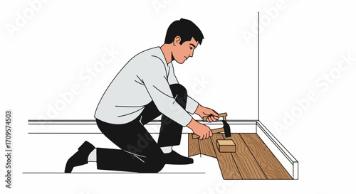 Man performing flooring installation, carefully using hammer and wood blocks to fit planks. Professional worker meticulously completes flooring installation project,