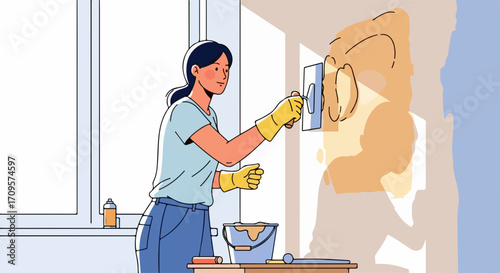 Painting wall with plaster, skilled woman applies plaster to wall in home, smoothing surface. Painting wall with plaster is a task of renovation and repair.