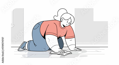 Woman cleaning floor with cloth in minimal style. Woman cleaning is seen doing household chores, scrubbing hard to remove dirt and maintain hygiene.