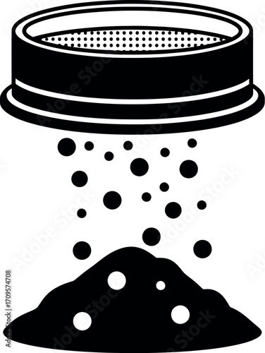 Sieve filtering small particles onto a pile of material, symbolizing separation and refinement.