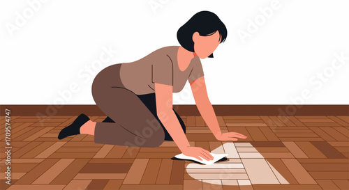Woman performing thorough floor cleaning using a white cloth on her hands and knees, scrubbing a wet spill on a parquet wood floor. Home interior with person meticulously performing floor cleaning,