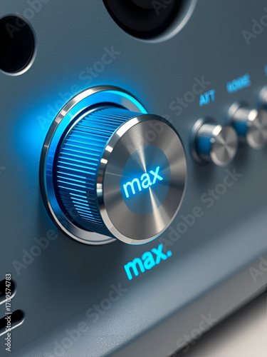 Sleek metallic knob, glowing cyan, turns towards 'max' on a textured gray surface suggesting precision control in a futuristic audio system.