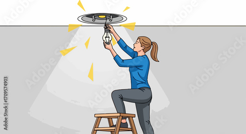 Woman installing light fixture on ceiling with ladder, vector illustration of home repair and DIY project.