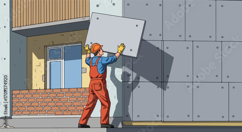 Construction worker installing facade panels on building exterior, vector illustration of exterior renovation and building improvement.