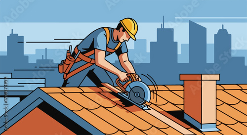 Construction worker using circular saw on rooftop, vector illustration of skilled tradesman building, urban skyline backdrop, industry concept for construction projects.