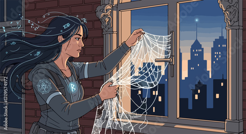 Young woman hangs delicate lace curtain in window with city skyline at dusk. Elegant lace window dressing for home decor. Magical atmosphere for interior design inspiration.