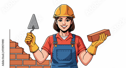 Construction worker holding brick and trowel, skilled female builder constructing wall with building materials, professional woman in safety helmet working on site.