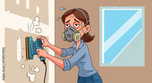Woman sanding wall with dust mask, home renovation vector illustration. DIY home improvement project, dusty environment, and protective gear. Concept for renovation, construction, and home repair.