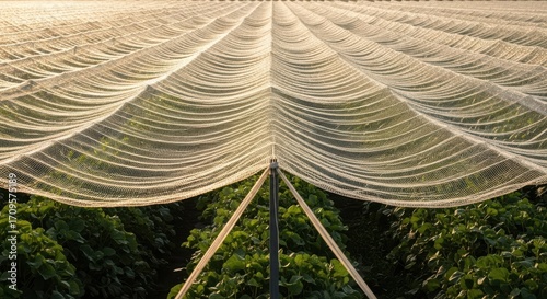 Field of crops covered with protective netting under a warm, golden sunset sky