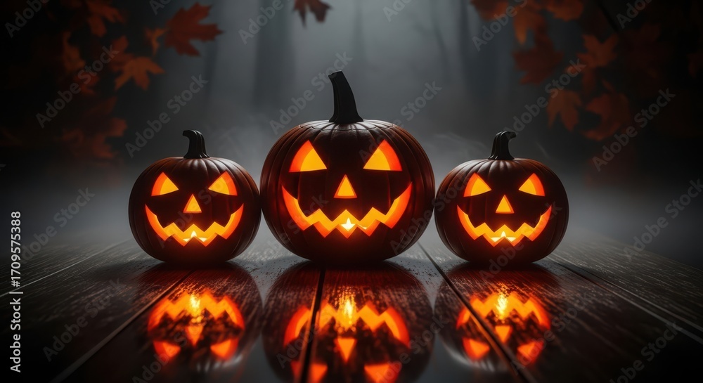 Fototapeta premium Three carved halloween pumpkins with glowing faces on a reflective wooden surface