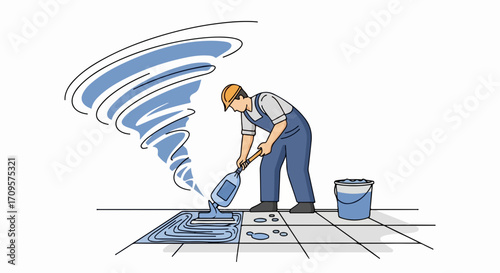 Worker applying liquid to floor tiles, creating a swirling water vortex effect, vector illustration for cleaning or repair concepts.