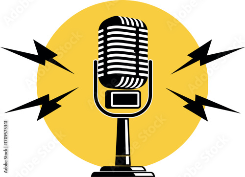 Retro microphone broadcasting sound waves and energy with lightning bolts