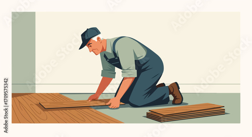 Flooring installation vector illustration of craftsman laying wooden planks on floor. Home renovation project with professional worker installing new floor. Concept home improvement and DIY project.