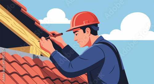 Construction worker in hard hat inspecting roof tiles and wooden beams on building exterior, vector illustration for home repair services.