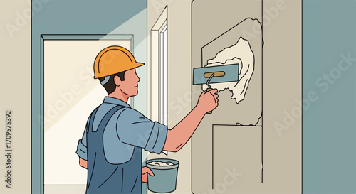 Construction worker applying plaster to wall with trowel, skilled craftsman performing renovation work on interior surface. Professional builder completing building project, home improvement task.