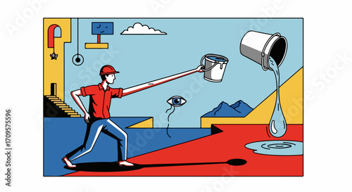 Vector illustration of a man with an elongated arm pouring liquid from a bucket, symbolizing creative flow and abstract concepts.